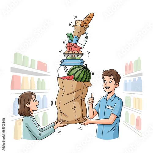 Funny Grocery Clerk Balancing Overflowing Shopping Bag for Shocked Customer