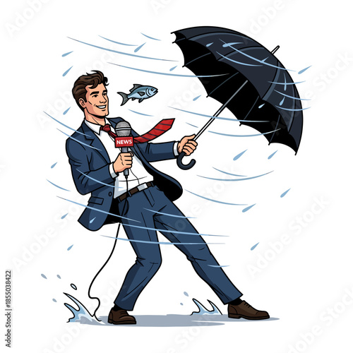 Smiling Weather Reporter Braving Hurricane Winds with Flying Fish and Broken Umbrella