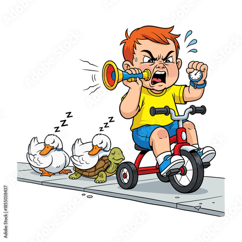 Funny Impatient Boy on Tricycle Honking Horn at Sleeping Ducks and Turtle