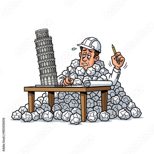 Funny Frustrated Architect Buried in Crumpled Paper with Leaning Tower of Pisa Model