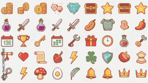 Collection of pixel art game assets for design and decoration.