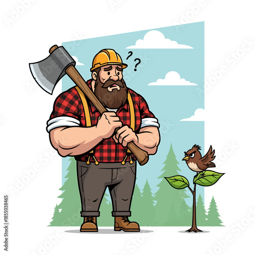 Funny Confused Lumberjack with Helmet Hesitating to Chop Sapling with Angry Bird