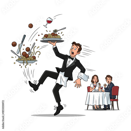 Funny Clumsy Waiter Tripping and Spilling Spaghetti Dinner Near Shocked Couple