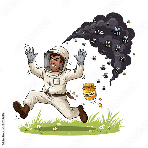 Funny Panic-Stricken Beekeeper Running from Angry Bee Swarm Dropping Honey Jar