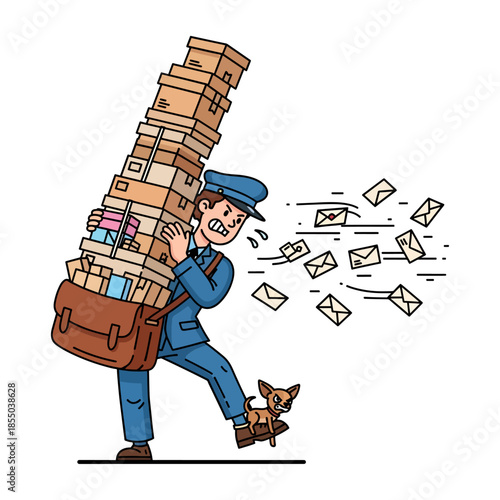 Funny Overloaded Mailman Struggling with Packages, Wind, and Angry Dog