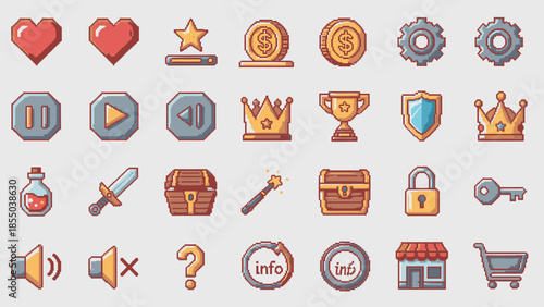 Collection of pixel art game assets for user interface design.