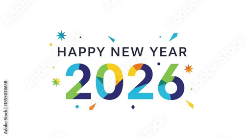 Vibrant happy new year 2026 celebration graphic with colorful confetti and bold typography on clean white background
