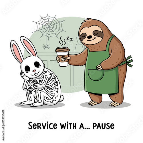 Funny Slow Sloth Barista Serving Coffee to Skeleton Rabbit with Cobwebs