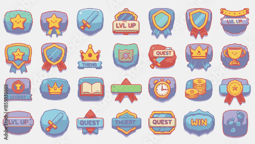 Set of pixel art game badges and achievement icons for video games.