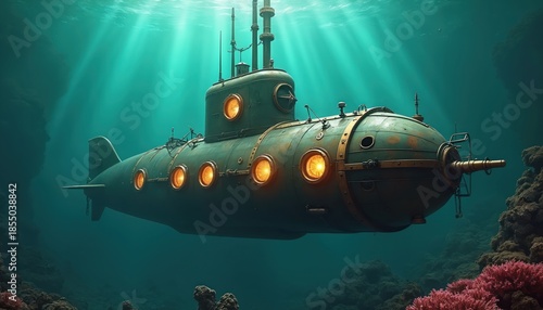 Vintage steampunk submarine explores deep ocean floor. Submersible with brass details moves through turquoise water. Illuminated portholes shine, sunbeams pierce marine depths. Underwater adventure,