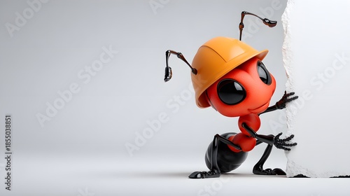 Industrious three dimensional cartoon worker ant wearing a safety helmet positioned on the left side isolated on white representing hard work and construction industry concepts