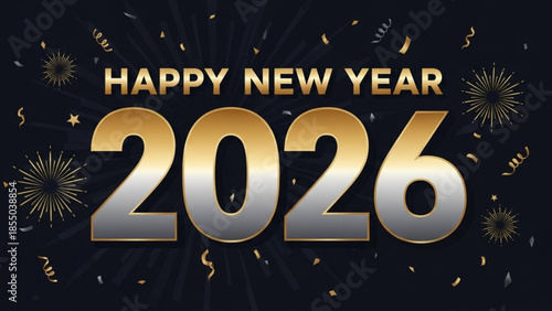 Happy new year 2026 celebration with gold and silver text on dark background with fireworks and confetti