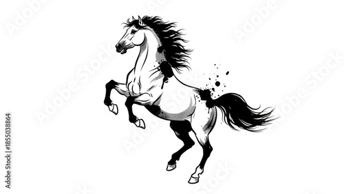 A dynamic black and white illustration of a rearing horse with flowing mane and tail, set against a clean white background with artistic splatters