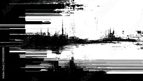 distorted city skyline with water and glitch effect