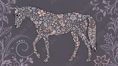 Beautiful floral horse illustration with pink, purple and white flowers on a gray background, decorative animal design for coloring book, elegant equine artwork