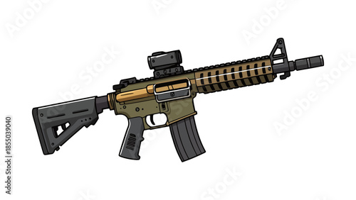 A modern assault rifle with a red dot sight is shown against a white background.
