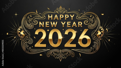Golden happy new year 2026 text with elegant swirling designs and sparkles on black background for celebration and party invitation