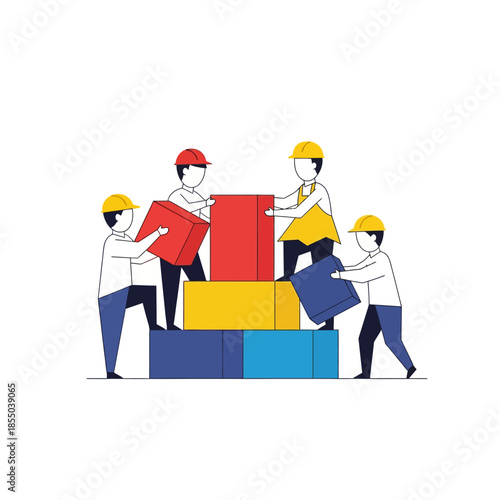 Three minimalist geometric workers are collaboratively building a solid foundational business structure by carefully stacking large colorful blocks in a pure flat 2D vector illustration.