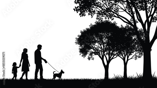 Family silhouette walking dog in park under trees, parents with child, outdoor lifestyle, nature walk, togetherness, peaceful countryside concept