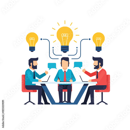Three colleagues exchange innovative ideas during a productive brainstorming meeting, represented by floating lightbulbs in a seasonal pure flat 2D vector illustration.