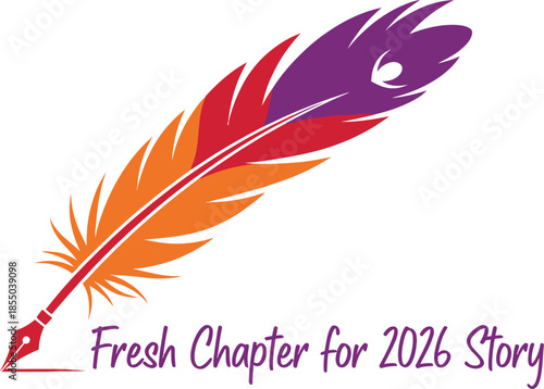 Feather with inkwell and text 'fresh chapter for 2026 story' isolated on transparent background