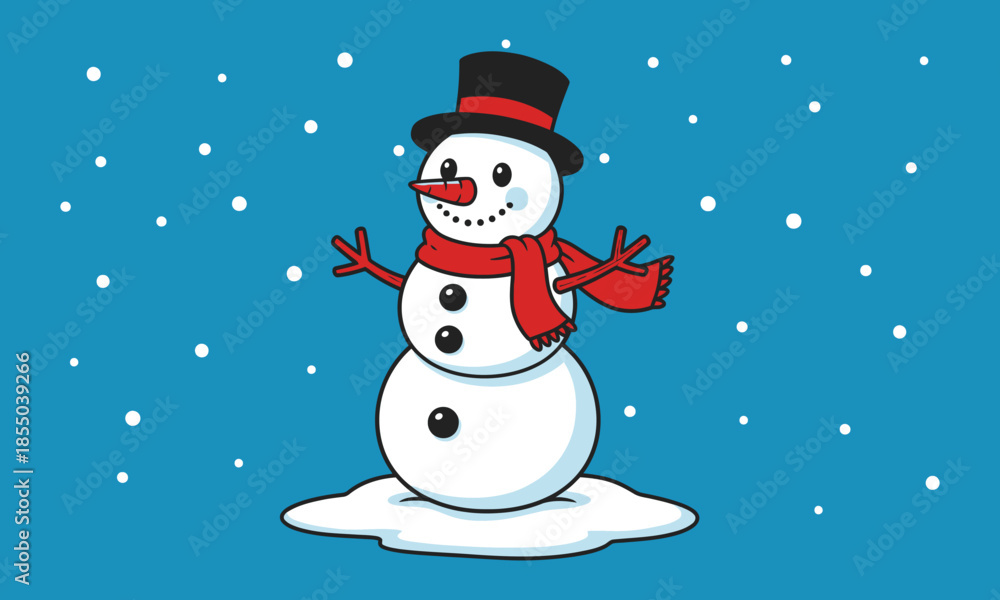 Naklejka premium Cartoon Snowman with Top Hat and Red Scarf – Standing on Snow with Falling Snowflakes for Winter or Holiday Design Assets