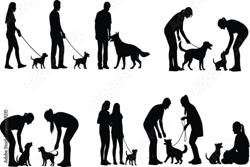 Black people walking dogs silhouettes showing pet care training adoption moments isolated on white background illustration lifestyle concept
