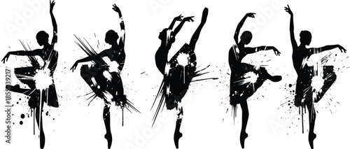 Abstract black ballet dancer silhouettes with dynamic ink splatter effects showcasing graceful contemporary dance movement art illustration design