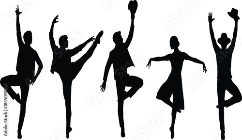 Black dancer silhouettes performing expressive contemporary dance poses isolated on white background for modern art and design use