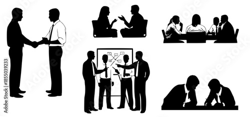 Dynamic Black and White Silhouette Vector Set Illustrating Diverse Business Interactions, Professional Meetings, Collaboration, and Communication Scenarios for Corporate Concepts and Teamwork
