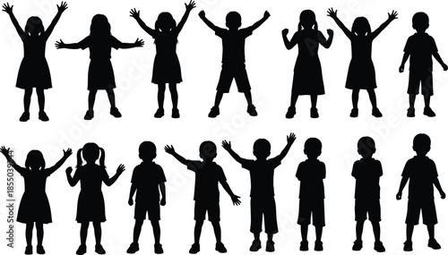 Children silhouettes set showing boys and girls standing, waving, and raising hands isolated on white background for education and childhood concepts