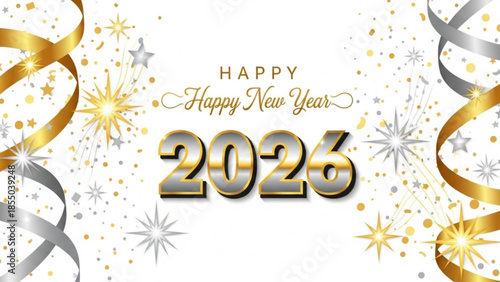 Happy new year 2026 celebration with gold and silver ribbons, stars, and confetti on white background for party and holiday