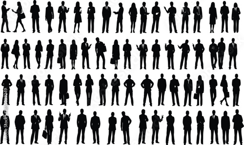 Business people silhouettes set showing professional men and women standing, walking, and gesturing isolated on white background for corporate concepts