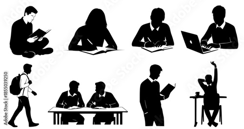 Diverse Student Silhouettes Engaged in Academic Pursuits, Capturing Various Stages of the Learning Process and Educational Activities