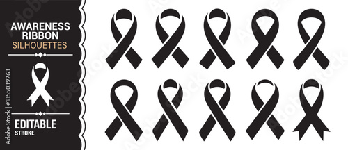 Black solid awareness ribbon icons for campaigns, nonprofits, and healthcare design