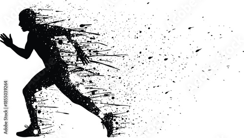 Dynamic running man silhouette with abstract paint splatter effect symbolizing speed, motion, fitness, and energy isolated on white background