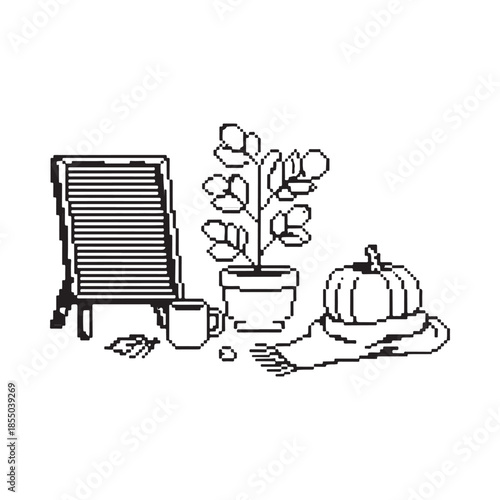 A charming autumn still life featuring a washboard plant pumpkin and mug