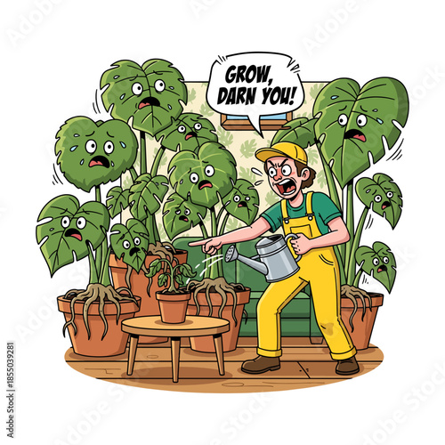 Funny Frustrated Gardener Yelling at Small Plant to Grow Surrounded by Scared Monstera