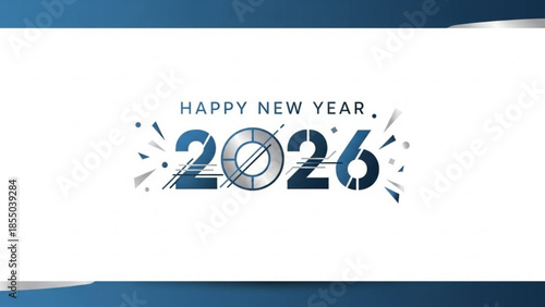 Happy new year 2026 celebration with blue and white design, festive graphics and decorations, modern typography