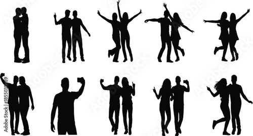 Group of young couples dancing and posing in joyful silhouettes isolated on white background for celebration lifestyle concept