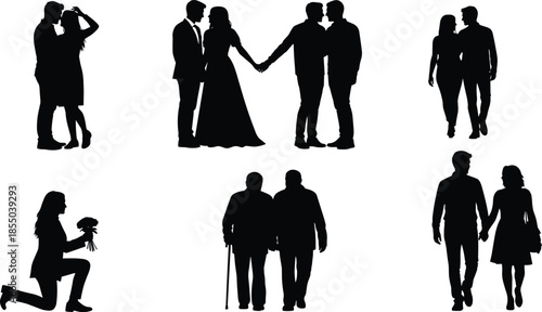 Romantic couple silhouettes showing love, proposal, marriage, and companionship stages isolated on white background for relationship and lifestyle concepts