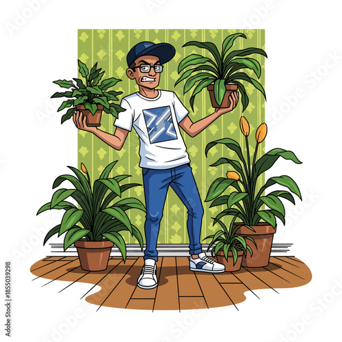 Funny Stressed Man Balancing Potted Plants in Indoor Garden Room
