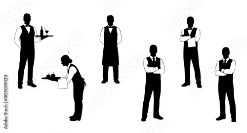 A versatile collection of professional waiter and hospitality staff vector silhouettes in various service poses, perfect for restaurant menus, event planning, much as modern industry design