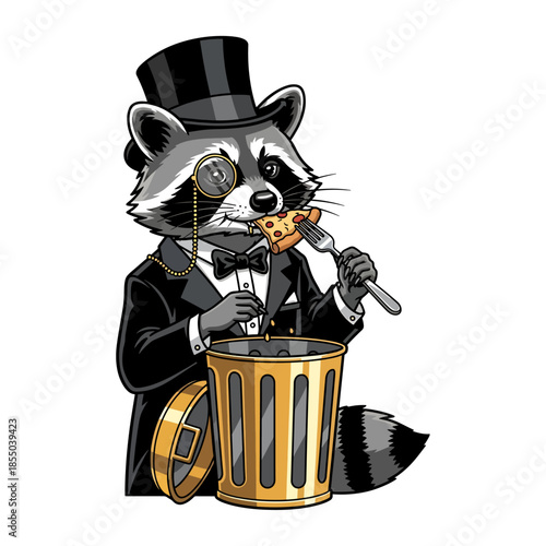 Funny Aristocratic Raccoon in Tuxedo Eating Pizza with Fork by Golden Trash Can