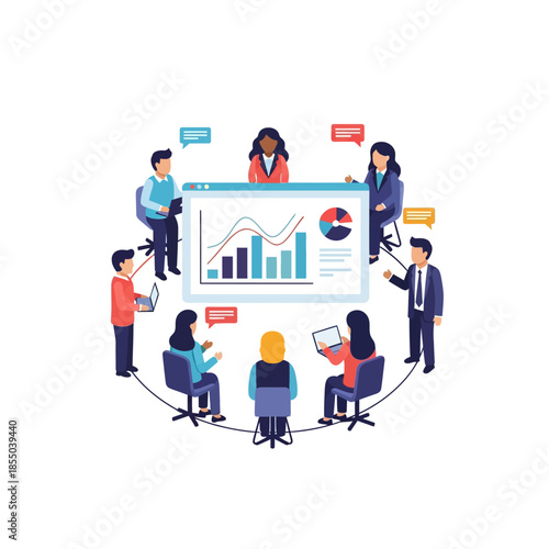 Pure flat 2D vector illustration of a diverse team in a circular formation discussing a large simplified data graph, emphasizing strategic business communication and teamwork.