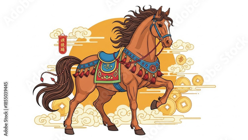A brown horse with a long flowing mane and tail, adorned in colorful chinese style saddle and bridle, runs energetically against a vibrant yellow background with clouds