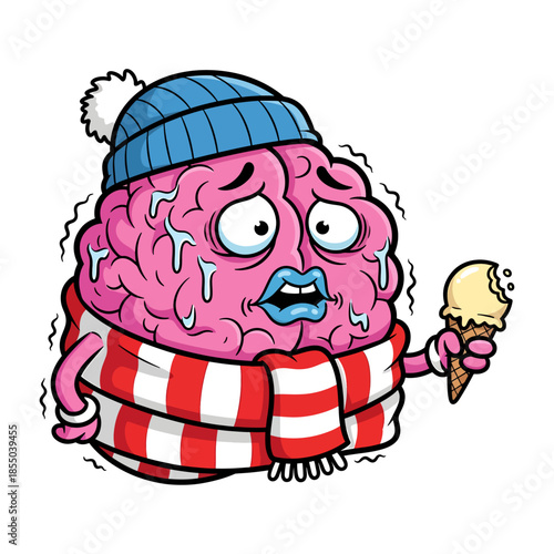 Funny Freezing Brain Character Suffering from Brain Freeze Eating Ice Cream