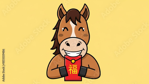 Smiling brown horse cartoon character with red collar and chinese character on yellow background