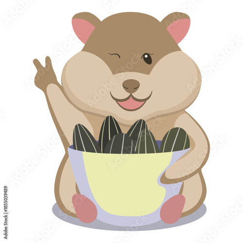 Cute hamster eating a bowl of sunflower seeds vector icon