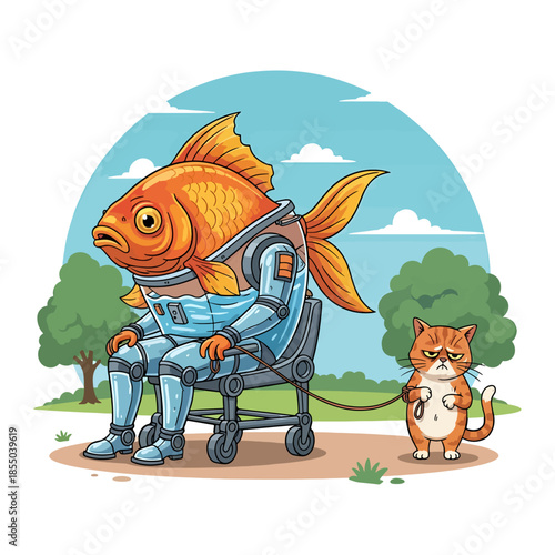 Funny Goldfish in Robot Mech Suit Walking Annoyed Cat on Leash